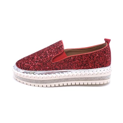 Image of Women's Platform Rhinestones Glitter Fashion Sneakers Comfortable Slip On Flat Loafers Walking Wedding Dress Shoes Casual Shoes
