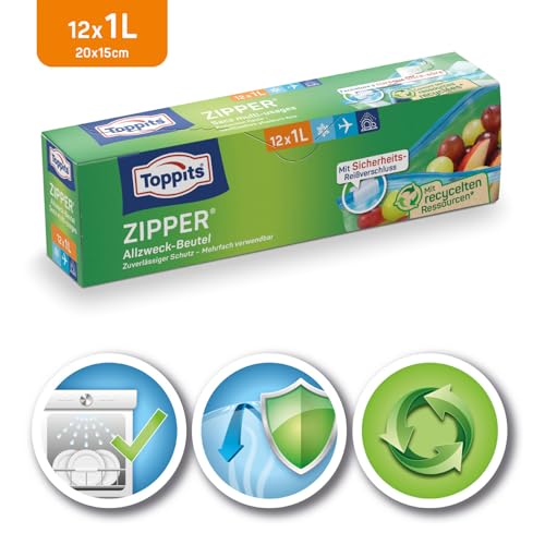 Toppits Zipper Allzweck-Beutel - 12 x 1L, Reißfeste Spezialfolie, Wiederverwendbar, Transparent, Ideal für Lebensmittelaufbewahrung und Reisen