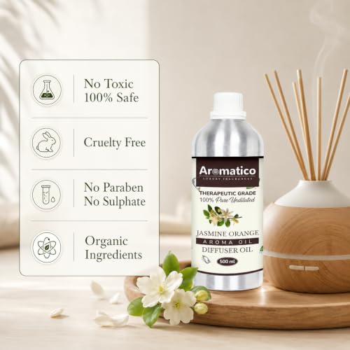 Image of AROMATICO Jasmine Orange Diffuser Oil with Strong, Long-Lasting Aroma | Premium Aroma Oil for Homes, Offices & Showrooms Aromatherapy, Diffusers, Air Purifiers, Vaporizers - 500 ml
