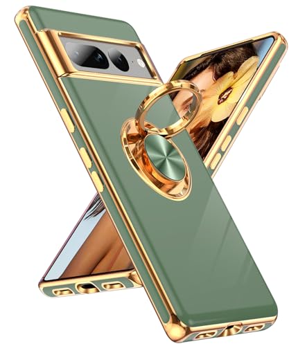 LeYi for Google Pixel-7-Pro Phone Case: 360° Rotatable Ring Holder Magnetic Kickstand, Plating Rose Gold Edge Protective for Google Pixel 7 Pro Case, L-Green