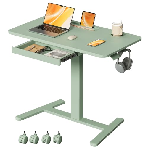Image of Mobile Standing Desk with Drawer, 35 inch Small Standing Desk with Cup Holder, Rolling Laptop Cart on Wheels, Height Adjustable Table with Storage for Home Office, Sage Green