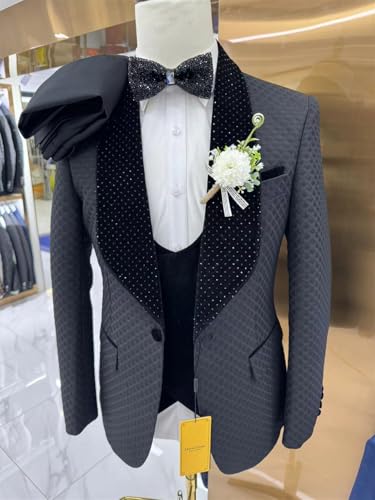 Men's 3 Piece Slim Fit Cotton Square Patterned Jacquard Shawl Lapel with Stone Tuxedo Suit for Wedding Prom Dinner2