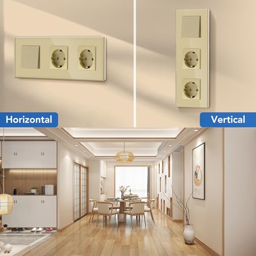 BSSED Lichtschalter mit Doppelt Steckdose 1 Fach 1 Weg,10A Kristall Glas Platte Wandschalter mit 16A Schuko Steckdose Gold, Physische Taste Schalter mit Steckdose 228mm