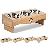 JUJOYBD Katzennapf 3er Set Höhe Verstellbar, Futterstation Katze 3 Näpfe, Edelstahl Fressnapf auf Holz Ständer, 15° Ergonomischer Futternapf für Katzen und kleine Hunde