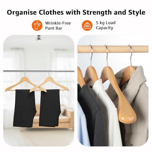 Image of Amazon Basics Wooden Hangers - Broad Shoulder, Natural Wooden Color, Glossy Finish, Pant Bar, 360 Hook, 5kg Capacity, Pack of 6 (Size: 44.5L x 23H x 5.5W cm)