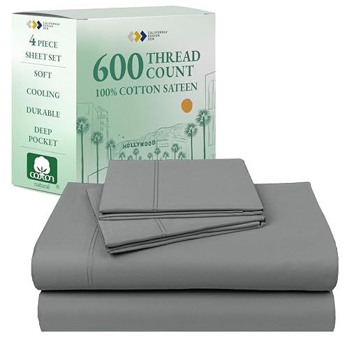 California Design Den California King Sheet Set - 100% Cotton, 600 Thread Count Deep Pocket Cal King Sheet Set, Luxury Hotel-Quality Sheets with Soft Sateen Weave - Mist Grey