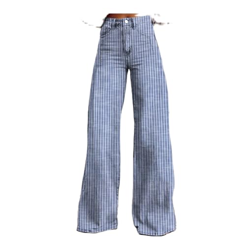 Hassembly Women Y2K Striped Jeans High Waist Button Wide Leg Casual Denim Pants Bootcut Flare Boyfriend Trousers with Pockets