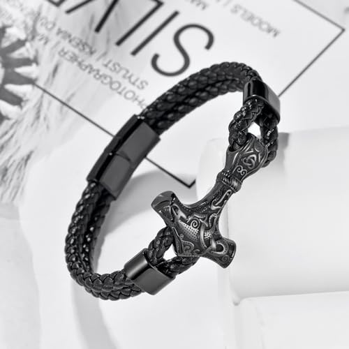 Men Leather Braided Viking Bracelet,Thor's Braided Wristband Gothic Punk Cuff Stainless Steel Buckle Bracelet for Men,21CM/8.2"4