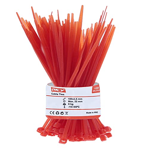 REY 100x Paquete Bridas Cables de Malla Reforzada 2,5 x 100mm, Protección Rayos UV, Rojo