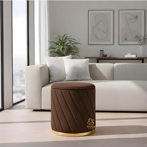 Image of Luxury Round Velvet Ottoman Stool with Gold Base - Modern Upholstered Footrest Pouffe, Tufted Vanity Seat, Living Room Bedroom Dressing Stool (Brown)