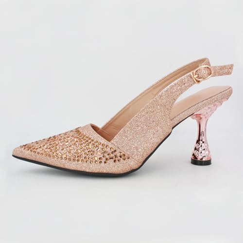 Women's Glitter Rhinestone Slingback Kitten Heels Closed Pointed Toe Adjustable Ankle Buckle Slip On Sparkly Pumps Comfortable Heels for Wedding Party Prom Dressy3