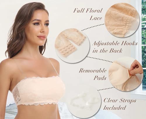Womens Strapless Lace Bandeau Bra Padded Tube Top Bralette Seamless Wrapped Breast Bra Wire Free Backless Dresses Bra (Beige,Medium) #TOP2