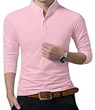 KUYIGO Men's Casual Slim Fit Shirts Long Sleeve Polo Mandarin Collared Lightweight T-Shirts Pink Medium