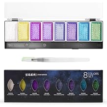 LIGHTWISH Metallic Waterolor Paints,8 Star Colors,Artist Glitter Solid Watercolors with 1 Water Brush Pen for Artists, Students and Beginners