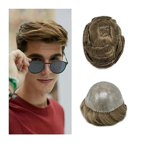Peluquín para Hombres Tupé for hombres Cabello humano 0.1-0.12 mm Transparente Inyectado PU Piel Masculina Tupé Postizo Cabello natural Rubio medio Hombres Sistema de reemplazo de cabello Peluca de Ho