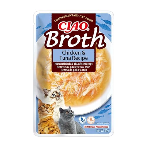 INABA Churu Broth - Caldo para Gatos - Snacks Receta Pollo y Atún - Premios con Proteínas Animales - Sin Cereales, Conservantes, Colorantes - Sólo 16 Cal - 40g