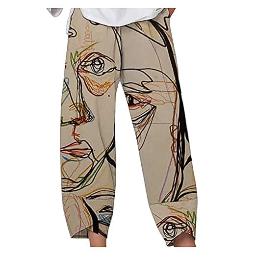 BingThL Tryckta byxor damer sommar casual linnebyxor enfärgade fritidsbyxor elastisk linning tygbyxor midja linnebyxor casual tygbyxor harembyxor enfärgad bred lapptäcke med fickor, kaki, XXL