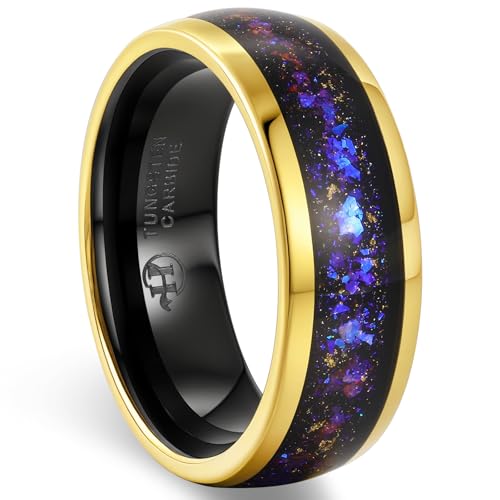 Men's Tungsten Carbide Ring with Blue & Purple Opal Inlay - 8mm Smooth Wedding Band, Gold Accent Comortable Fit