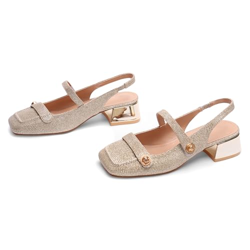 Image of Slingback Mary Jane Heels for Women Low Block Heel Closed Square Toe Pump Shoes Heels Classic Daily Office Dressy Shoes