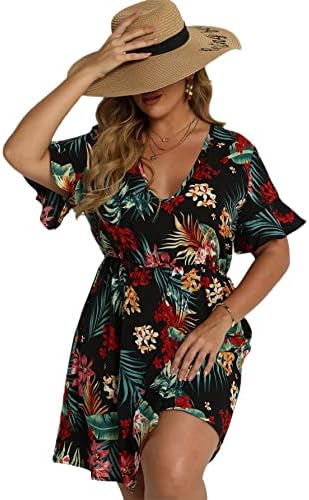 SheIn Women's Plus Tropical Print V Neck A Line Mini Dress Flounce Short Sleeve Casual Short Dresses Black Floral 3X-Large Plus
