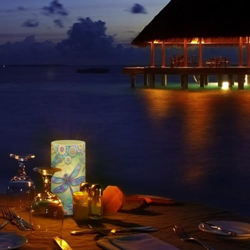 Image of Poceacles Flameless Candle Battery Powered with Remote Control 12 Colors 4 /8 Hours Timer LED Night Lights Pillar Candle Tealights Home Indoor Decor, Boho Floral Dragonfly Blue