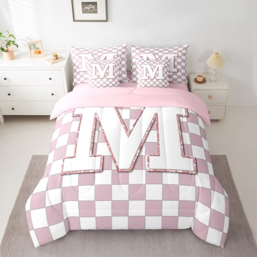 Image of Erosebridal Pink Initial M Queen Bed in A Bag 7 Piece Kawaii Plaid Checkered Comforter Set with Sheets Cute Personalized Monogram Bedding Sets for Kids Girls Teen Women,Fashion Grids Gingham Bed Set
