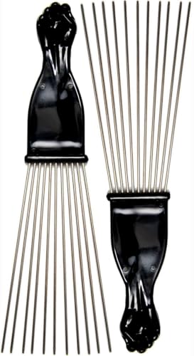 LUXXII 2 Pack Metal Afro Pick Comb, 9 Inch Wide Tooth Hair Pick for Curly, Coily & Natural Hair, Volume Lift Detangling Comb for Men & Women, Black Fist Handle, Barber & Salon Styling Tool