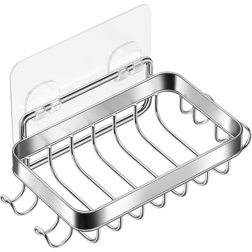 HAMITOR Shower Wall Soap Dish Holder: Wall Mounted Draining Soap Razor Saver for Bathroom Tile - Rectangle Bar Soapdish with Perforation - Replacement for Suction-Silver
