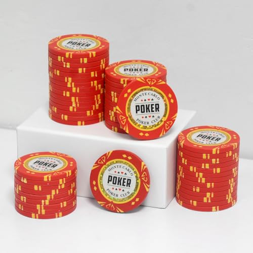 JIESITE Fichas de póquer de arcilla de 14 gramos, fichas de póquer Monte Carlo de grado de casino, fichas en blanco para Texas Hold'em, juegos de póquer de Blackjack, paquete de 50 piezas (L rojo)