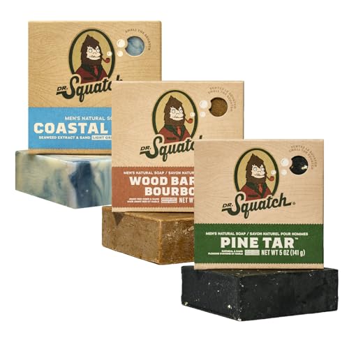 Dr. Squatch Natural Mens Bar Soap - Cold Process Body Soap Bar with Natural Oils - Gifts for Men - Pine Tar Wood Barrel Bourbon Coastal Mist (142g 3 pack)