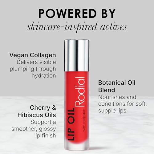 Image of Rodial Plumping Collagen Lip Oil Cherry 0.13fl.oz, Vegan Collagen-Infused Lip Oil with Macadamia and Jojoba Oil, Deep Hydration for Fuller-Looking Pout, Ultra-Nourishing Formula