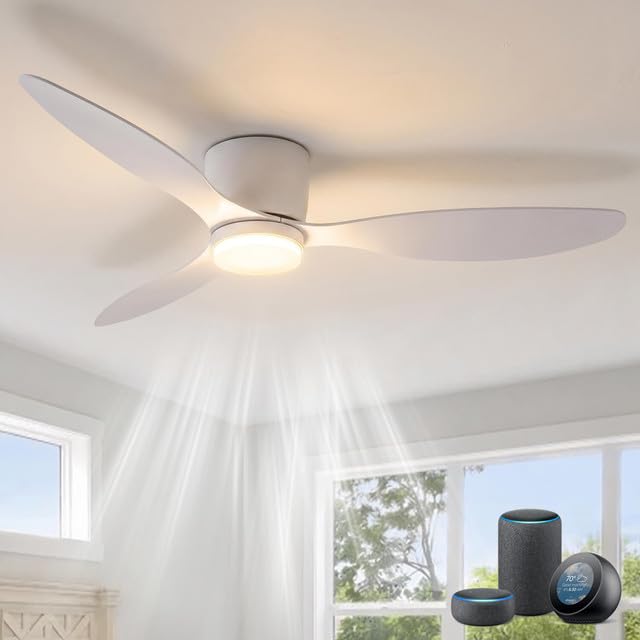 LJX Smart Ceiling Fans with Lights, 106cm (42") Low Profile 3-Blade Flush Mount Fan Compatible with Alexa, Silent Reversible Motor, Dimmable LED & Timer for Bedroom, White