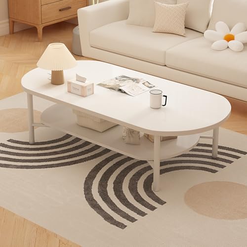 RUYICZB Mesas De Centro Ovaladas para Sala De Estar, Mesa De Centro De Dos Niveles con Estante De Almacenamiento para Sala De Estar En Apartamentos Pequeños,Blanca,80 * 40cm