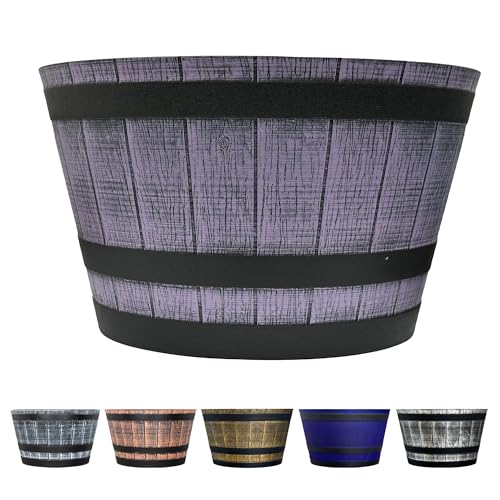 SG Traders Large Half Barrel Cask Planter Flower Pots Outdoor Garden Planters Indoor Plant Pot with Drainage Holes Plastic Lilac Slate with Black Straps 40cm