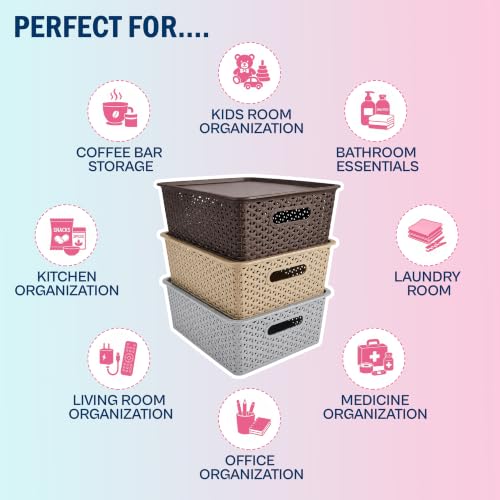 Image of JD Fresh Pack of 3 Premium Plastic Storage Basket with Lid /Smooth Handle Design&Stackable Storage Organizer /Durable Kitchen Storage Basket for Clothes, Vegetables, Fruits, Toys, Stationery(Multicolor)