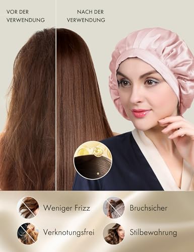 LilySilk 100% Maulbeerseide Schlafmütze rutschfest verstellbar und atmungsaktiver Kopfbedeckung Seidenhaube zum Schlafen Nachtmütze mit elastischem Band für alle Haartypen,rosiges Rosa