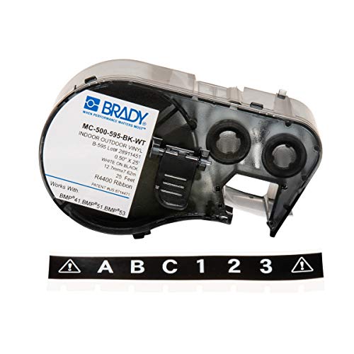 Brady - 143383 MC-500-595-BK-WT Vinyl B-595 White on Black Label Maker Cartridge, 25' Width x 1/2