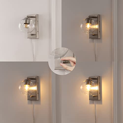 Image of JONATHAN Y 6 inch Nickel 1-Light with Clear Globe Modern Wall Sconce, Plug-in or Hardwired LED Adjustable Wall Light with Dimmer Switch, Clear Glass Globe Shade, Mid-Century Lamp (JYL7567B)