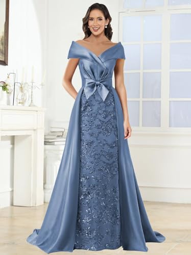 TORYEMY Off The Shoulder Mother of The Bride Dresses for Women Long Satin Sequin Formal Wedding Guest Dress with Train Bow3