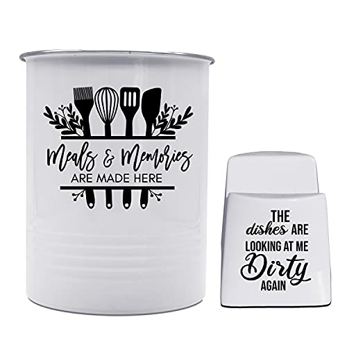 Kitchen Utensil Holder Crock With Sponge Holder I Large Kitchen Tool Utensil and Sponge Storage Caddy Organizer Kit I Meals & Memories Are Made Here I Family Friend Housewarming Gift