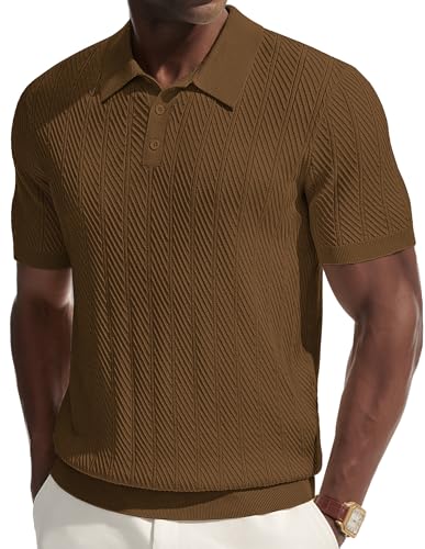 PJ PAUL JONES Men's Polos Short Sleeve Knitted Polo Shirts Golf Tops Brown M