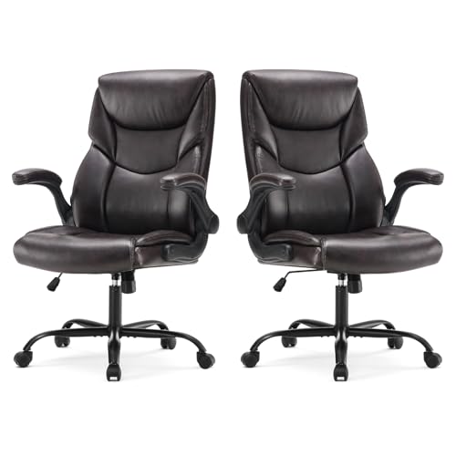 Sweetcrispy Ergonomic Computer Gaming Office Chair Set of 2, Heavy Duty Task Desk Swivel Rolling Chairs with Wheels, Flip-up Arms, Adjustable Height, PU Leather,Dark Brown