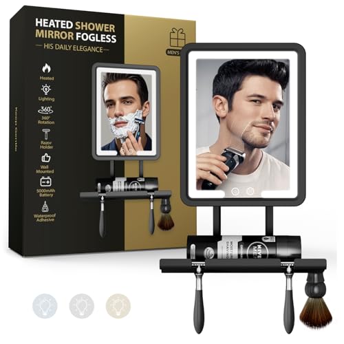 Shower Mirror Fogless for Shaving with Light - Electric Heated Shaving Mirror, No Water Needed, Rechargeable Anti Fog Bathroom Mirror, Dual Mount Installation, IPX4 Waterproof Gift for Men(Black) by ZHENYEMEI - Used condition - US$33.45