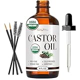 Organic Castor Oil (4oz) - 100% Pure Natural Cold-Pressed Hexane-Free USDA Certified - Glass Bottle - Hair Growth Oil for Scalp Eyelashes Face Skin - Dry Skin Moisturizer Natural Hair Care