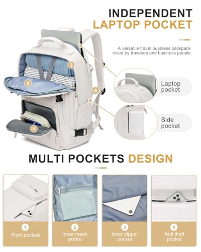 Travel Carry on Laptop Backpack for Women Men, Expandable Flight Approved Backpack, Waterproof Sports College bag Casual Daypack for Weekender Business Hiking with Shoe Compartment Beige - Thumbnail 4