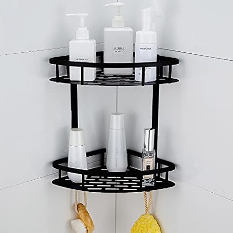 Hoomtaook Shower Shelf Corner Bathroom Shelf no Drilling, Space Aluminum Shower Organizer Shower Caddy No Drilling Self Adhesive Bathroom Accessories Wall Mounted, 2 Tier Black Cover