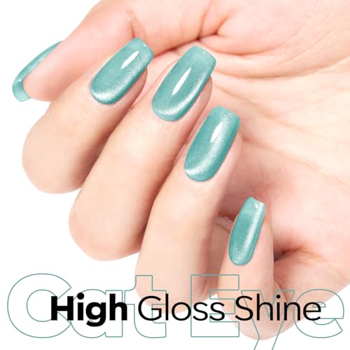 Image of modelones Green Cat Eye Gel Nail Polish Blue Turquoise Gel Polish Jelly Glass with Magnet Holographic Glitter Shimmer Translucent Sheer Color Magnetic Nail Polish 15 ML