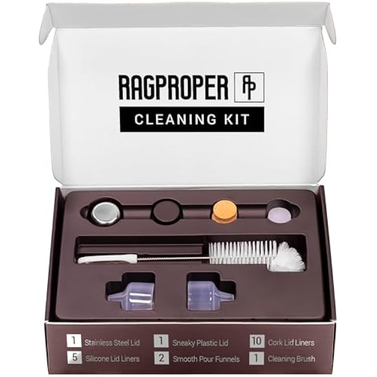 Ragproper Glass Flask Accessory Kit - Cleaning Set with Cleaning Brush, Silicone & Cork Lid Liners, Stainless Steel & Plastic Lids & Smooth Pour Funnels (Double Shot, 240mL)
