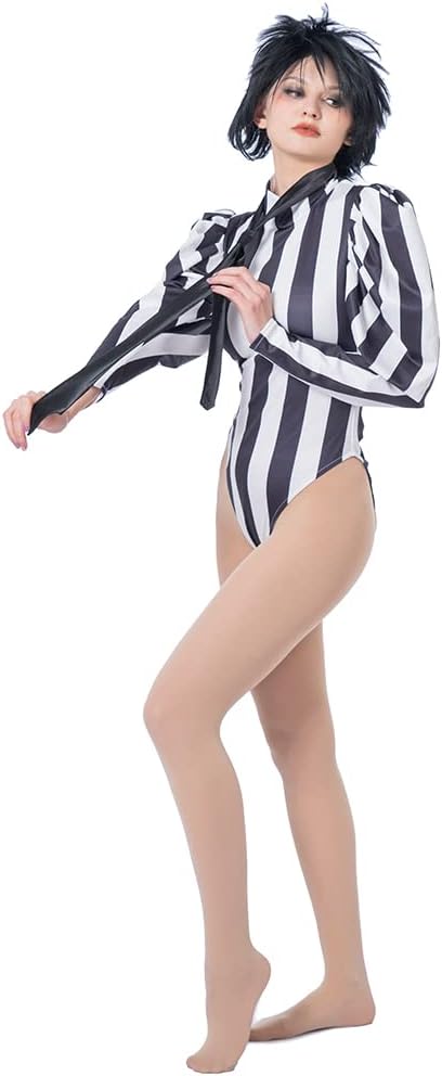 CosplayDiy Women's Black White Striped Jumpsuit Adult Sexy Bodysuit Cosplay Costume