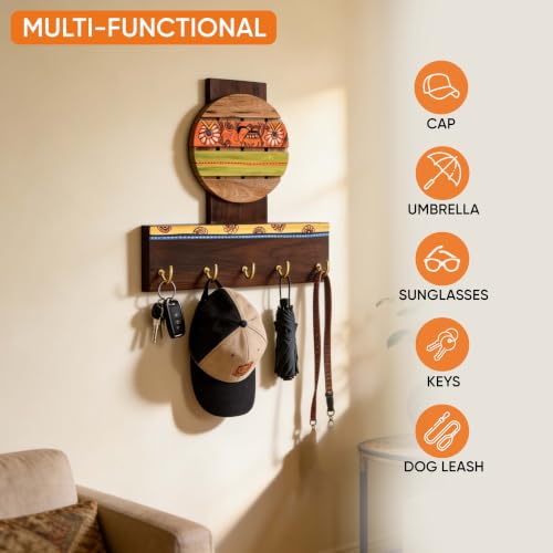 Image of AAKRITI ART CREATIONS Key Holder, Handcrafted Madhubani Art Key Hanger | Rustic Wood Wall Organizer with 5 Hooks | New Home Gifts | Multifunctional Entryway Decor Item